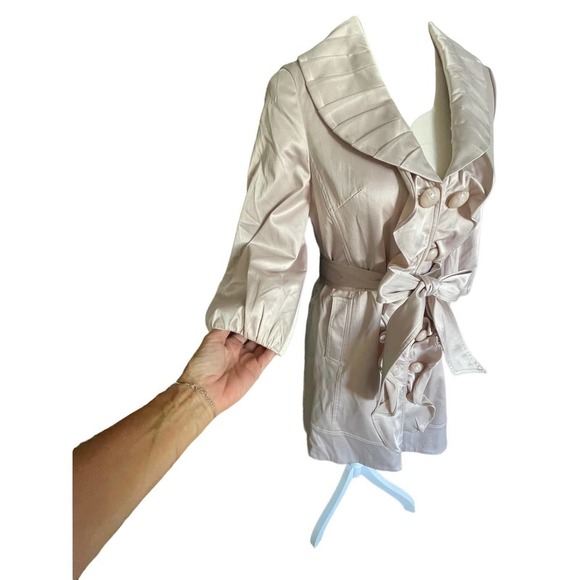 NWT C Luce Womens Double Breasted Ruffle Trench Coat Puff Sleeve Size S Pink - Picture 3 of 13
